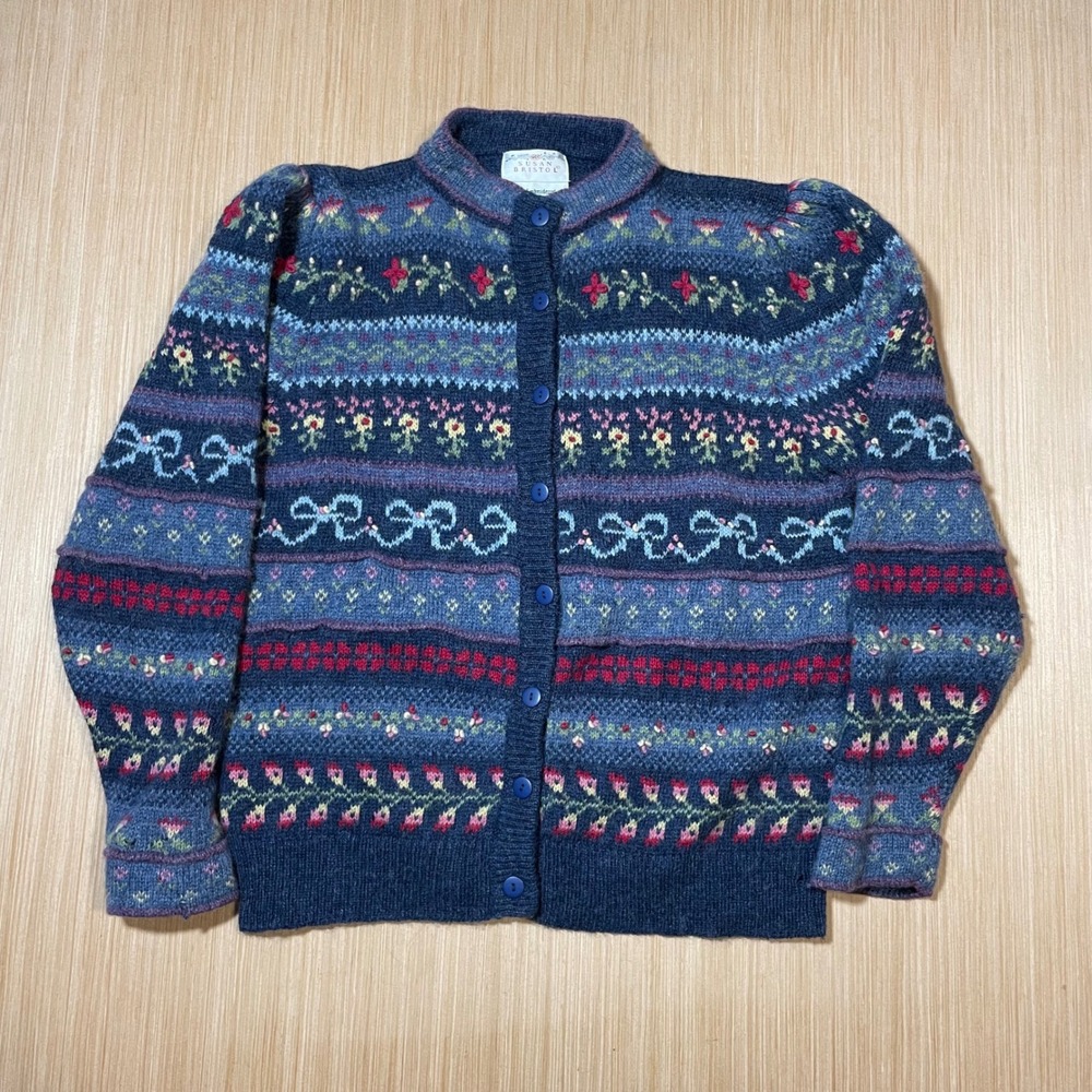 Susan Bristol Cardigan Womens Large Wool Hand Embroidered Fair Isle Floral Blue